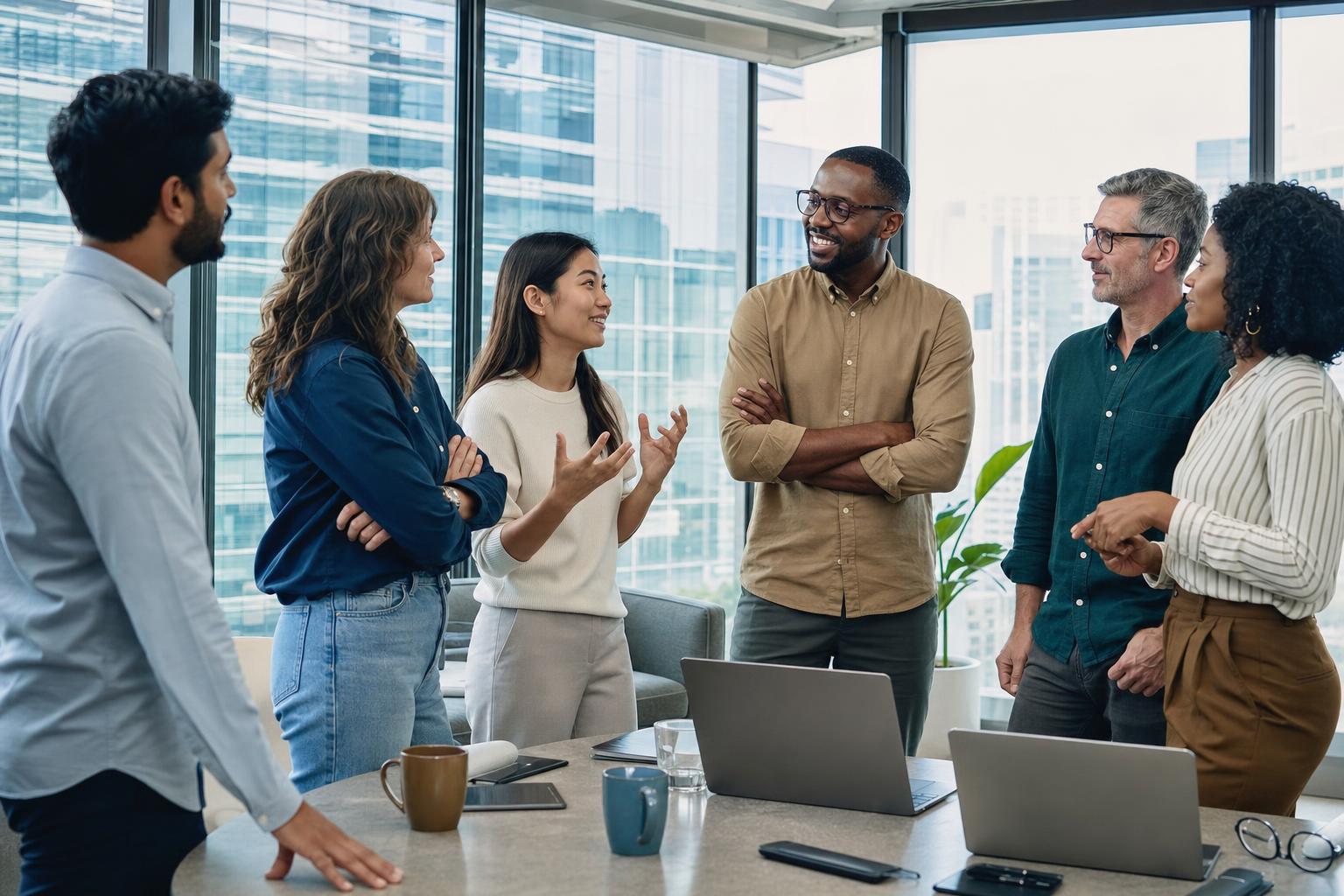 A diverse team collaborating in a modern office