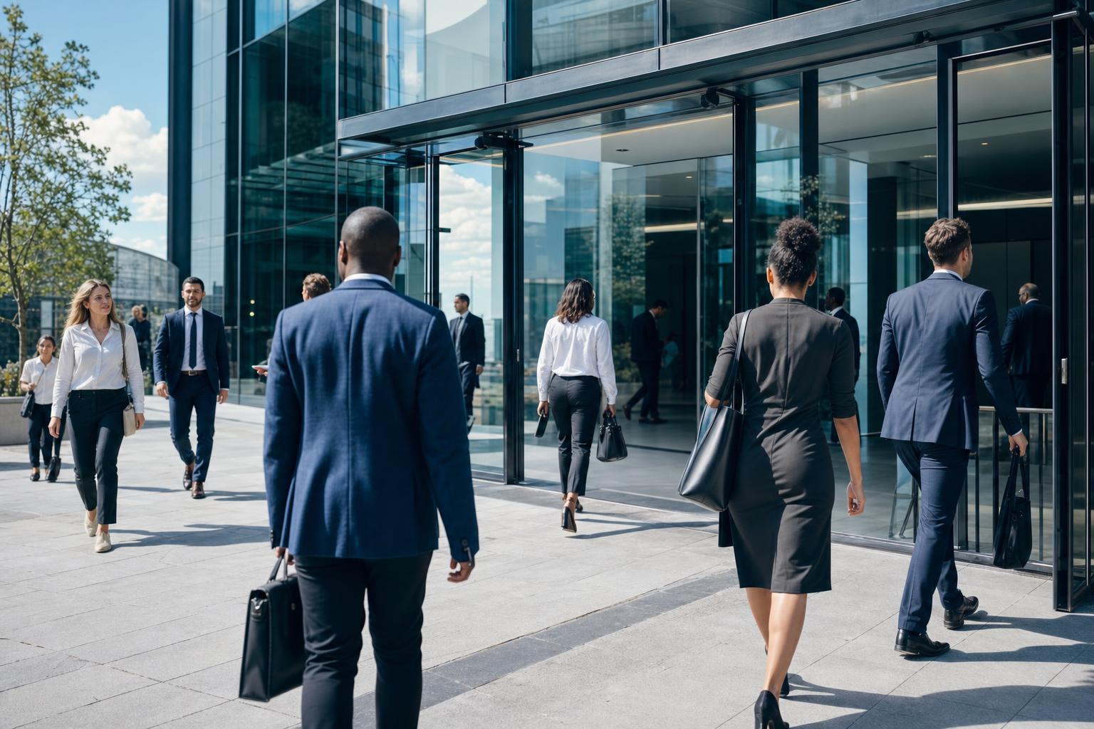 Employees arriving at a modern office building
