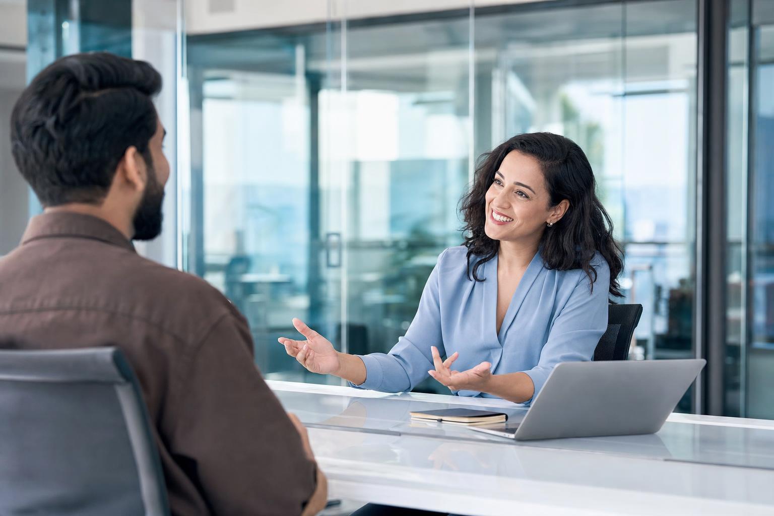 A recruiter and candidate meeting openly in a transparent office